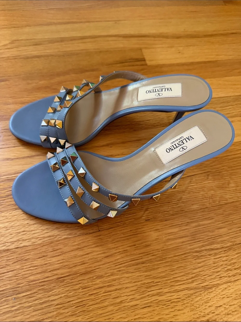 Valentino Light Blue Rockstud Leather Slingback Heel Sandals